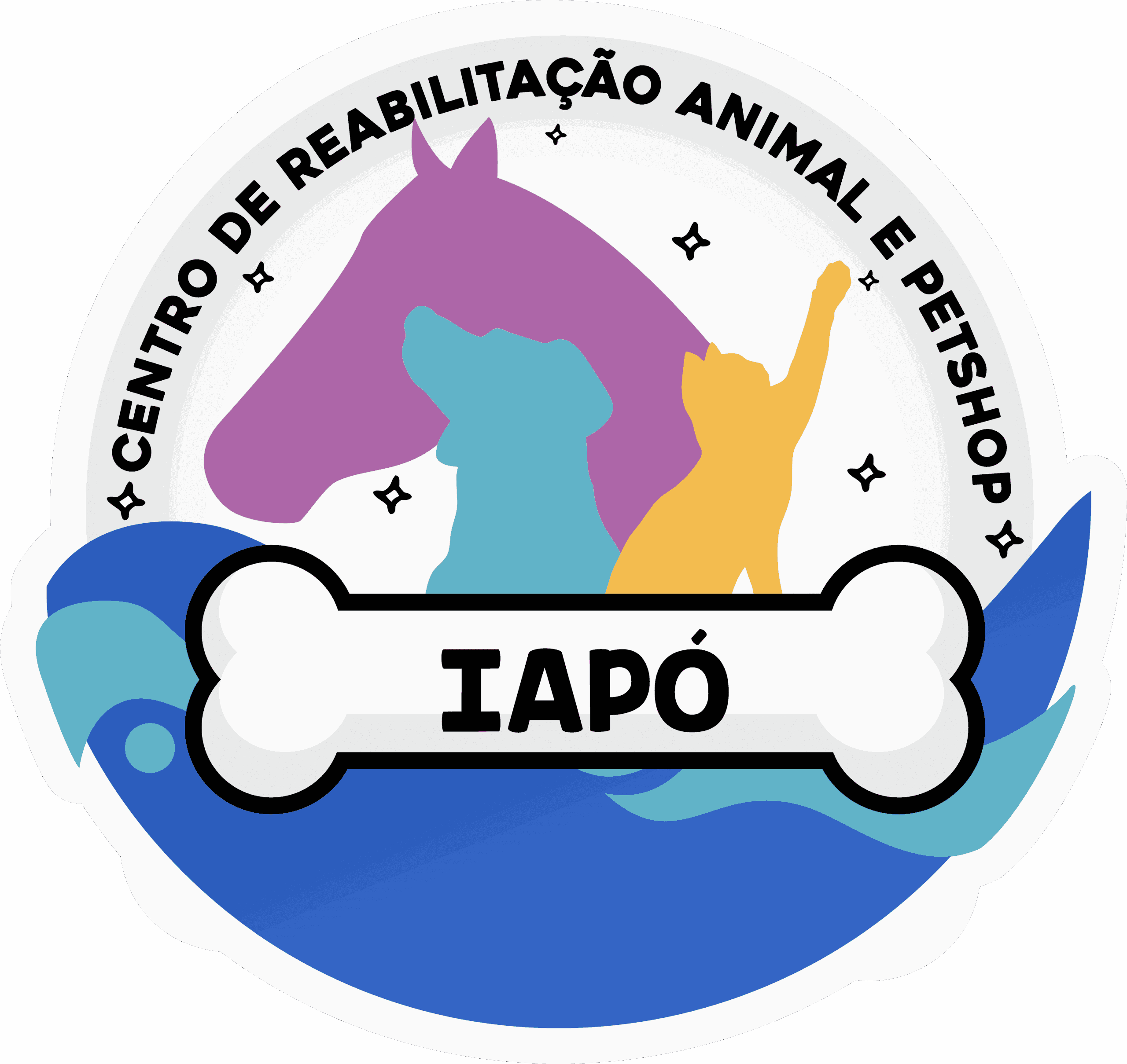 Logo Iapó Centro de Reabilitação Animal e Petshop com cavalo, cachorro e gato estilizados.