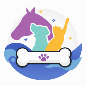 Favicon Iapó com silhuetas de cavalo roxo, cachorro verde e gato amarelo sobre osso com pata roxa.